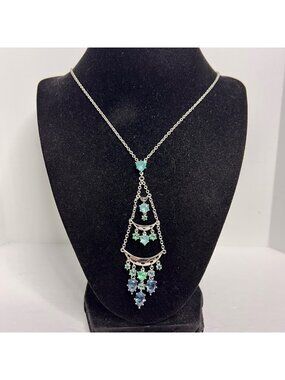 Silver Tone Necklace W/ Blue Rhinestone Cascading Chandelier Pendant (6338)
